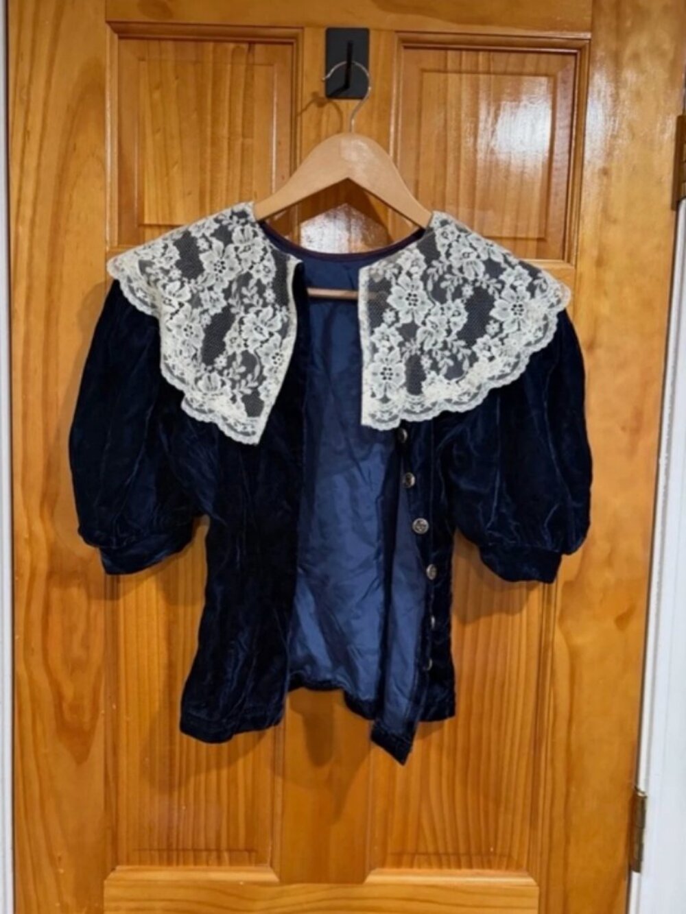 Vintage Gunne Sax Velvet Lace Collar Blouse Navy Victorian Cottagecore 3/4 - Picture 5 of 8